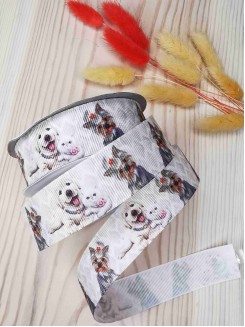 Лента репсовая с рисунком "Собачки с котенком" 2,5см.